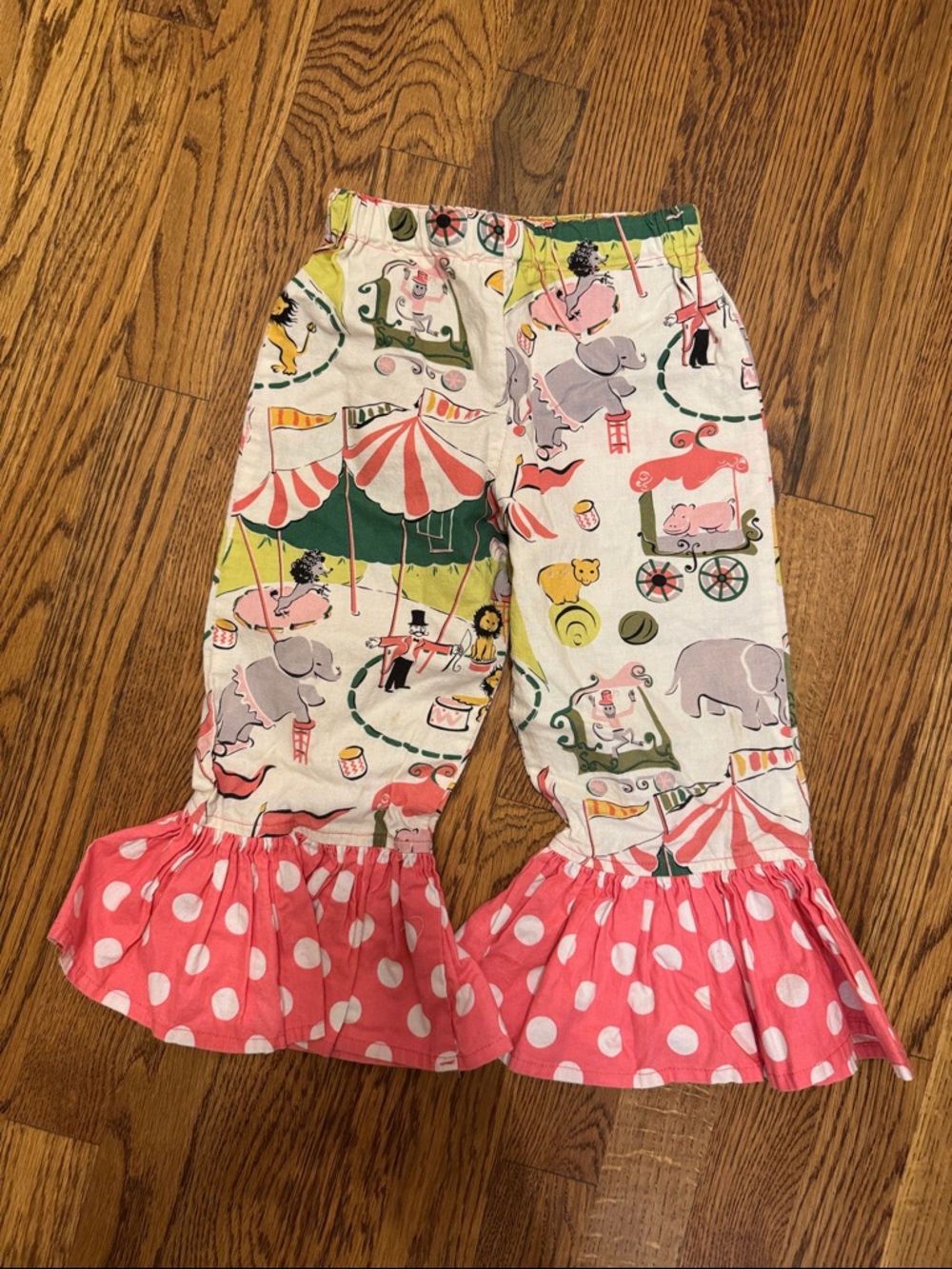 Handmade Girls Carnival Print Ruffle Pants in Pink & Cream size 3T